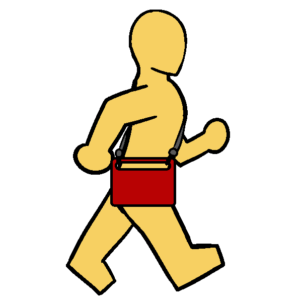 A yellow thin person with a red AAC device on a shoulder strap walking.